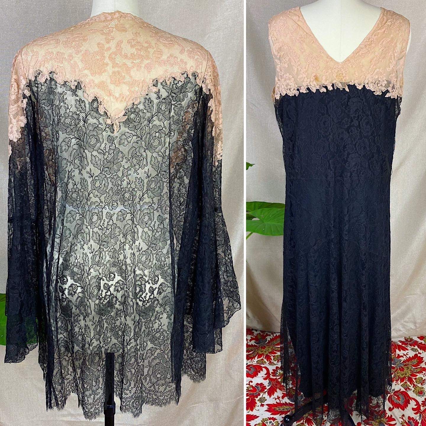 Antique 1920's Dress & Jacket Set | Black Floral Chantilly Lace with Bell Sleeves and Nude Detail | Size M - Daggers & Dames