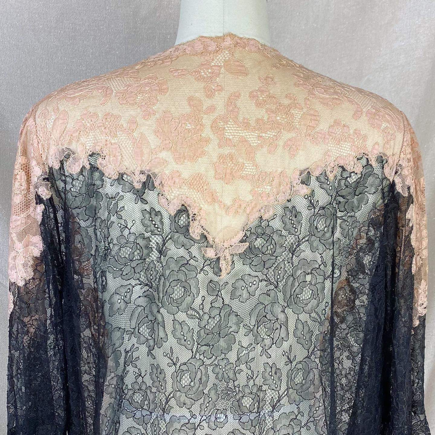 Antique 1920's Dress & Jacket Set | Black Floral Chantilly Lace with Bell Sleeves and Nude Detail | Size M - Daggers & Dames