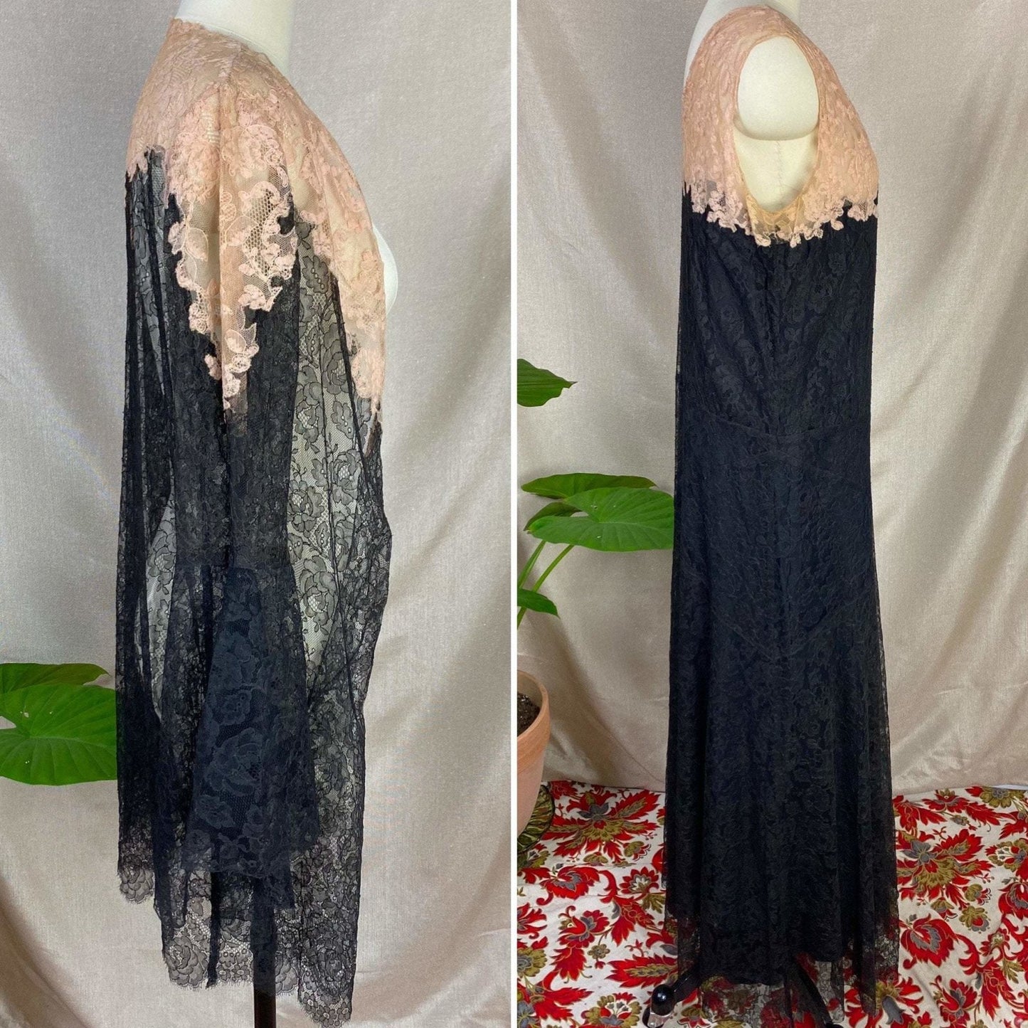 Antique 1920's Dress & Jacket Set | Black Floral Chantilly Lace with Bell Sleeves and Nude Detail | Size M - Daggers & Dames