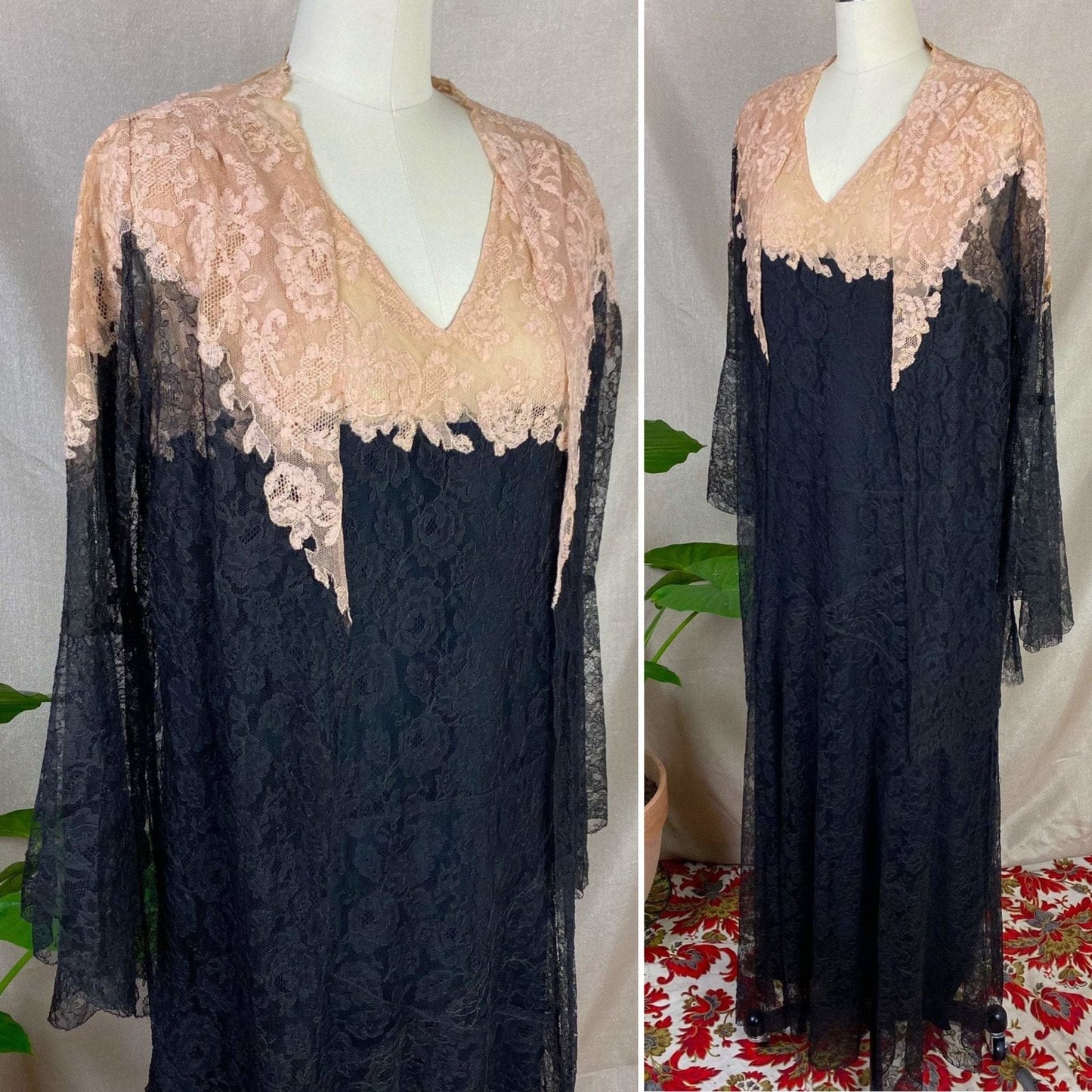 Antique 1920's Dress & Jacket Set | Black Floral Chantilly Lace with Bell Sleeves and Nude Detail | Size M - Daggers & Dames