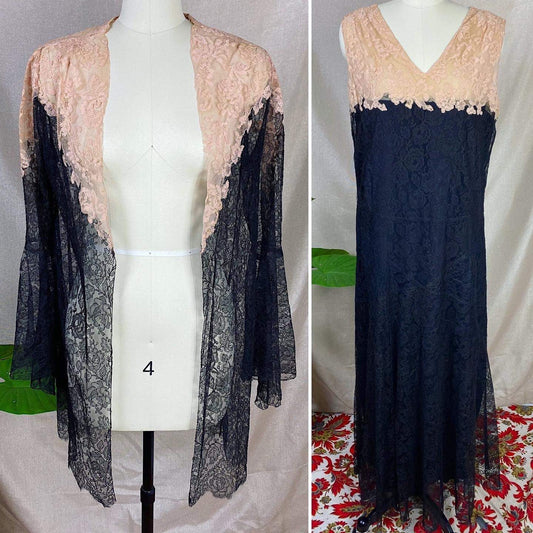 Antique 1920's Dress & Jacket Set | Black Floral Chantilly Lace with Bell Sleeves and Nude Detail | Size M - Daggers & Dames