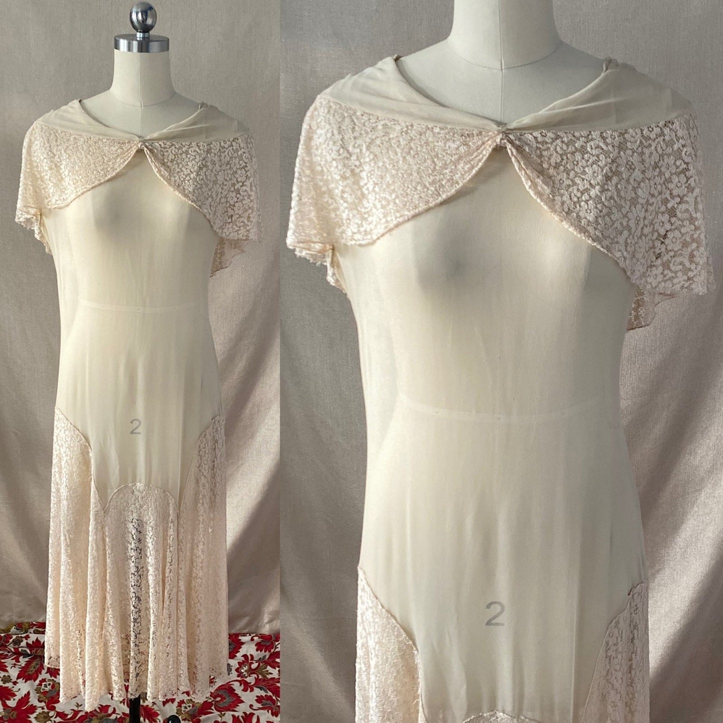 Antique 1920's Dress | Sheer Ivory Silk Chiffon with Floral Chantilly lace Bertha Collar & Skirt | Size 34-36 Bust, XS, S, M - Daggers & Dames