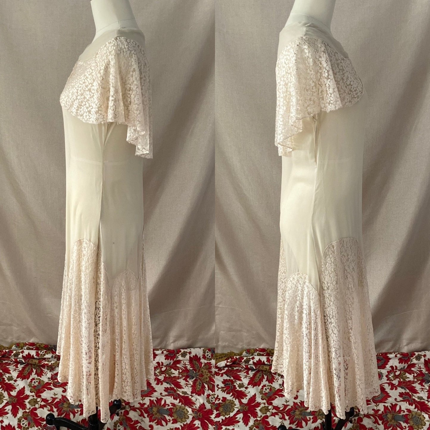 Antique 1920's Dress | Sheer Ivory Silk Chiffon with Floral Chantilly lace Bertha Collar & Skirt | Size 34-36 Bust, XS, S, M - Daggers & Dames