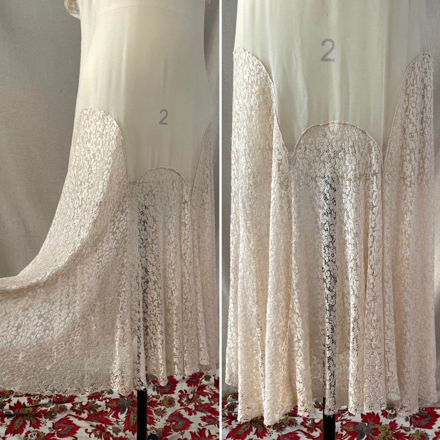Antique 1920's Dress | Sheer Ivory Silk Chiffon with Floral Chantilly lace Bertha Collar & Skirt | Size 34-36 Bust, XS, S, M - Daggers & Dames