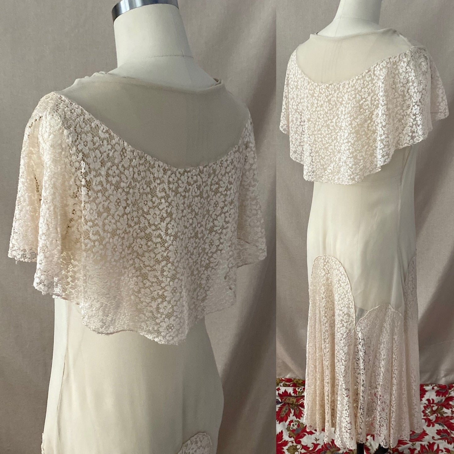 Antique 1920's Dress | Sheer Ivory Silk Chiffon with Floral Chantilly lace Bertha Collar & Skirt | Size 34-36 Bust, XS, S, M - Daggers & Dames