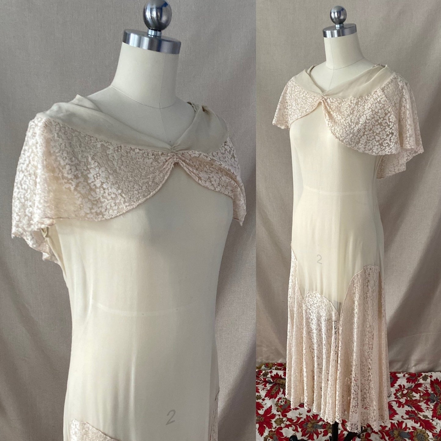 Antique 1920's Dress | Sheer Ivory Silk Chiffon with Floral Chantilly lace Bertha Collar & Skirt | Size 34-36 Bust, XS, S, M - Daggers & Dames