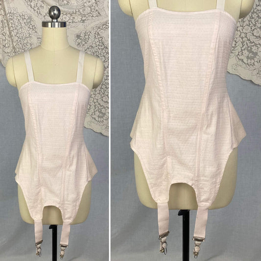 Antique 1920's Garter Brassiere | Pale Powder Pink Cotton Damask | Size 32 Bust, XS | Venus Brassiere Co. - Daggers & Dames