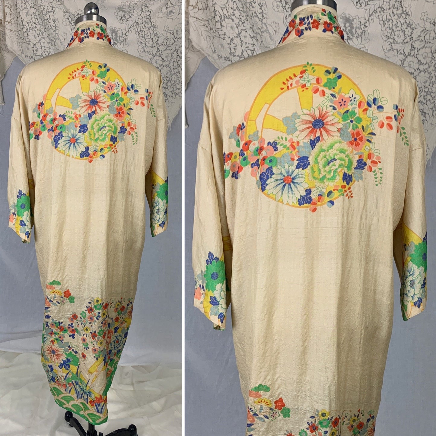 Antique 1920's Japanese Kimono Robe | Natural Pongee Raw Silk with Elaborate Floral Print | Size Free - Daggers & Dames