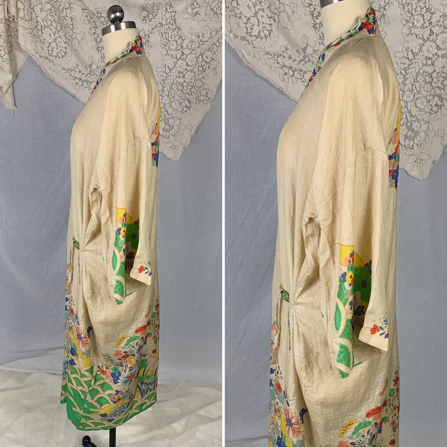 Antique 1920's Japanese Kimono Robe | Natural Pongee Raw Silk with Elaborate Floral Print | Size Free - Daggers & Dames