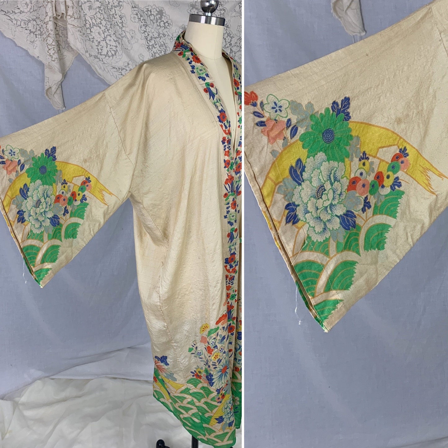 Antique 1920's Japanese Kimono Robe | Natural Pongee Raw Silk with Elaborate Floral Print | Size Free - Daggers & Dames