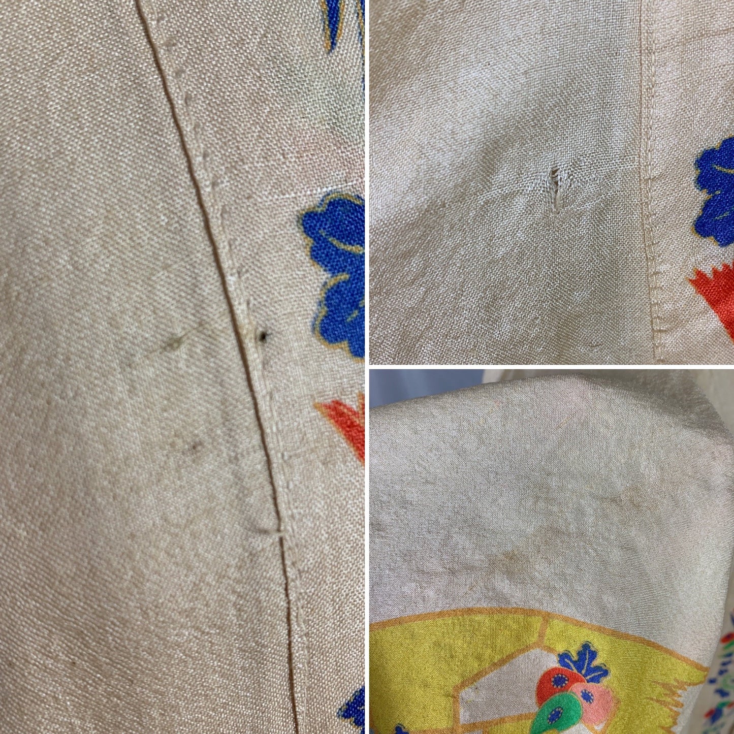 Antique 1920's Japanese Kimono Robe | Natural Pongee Raw Silk with Elaborate Floral Print | Size Free - Daggers & Dames