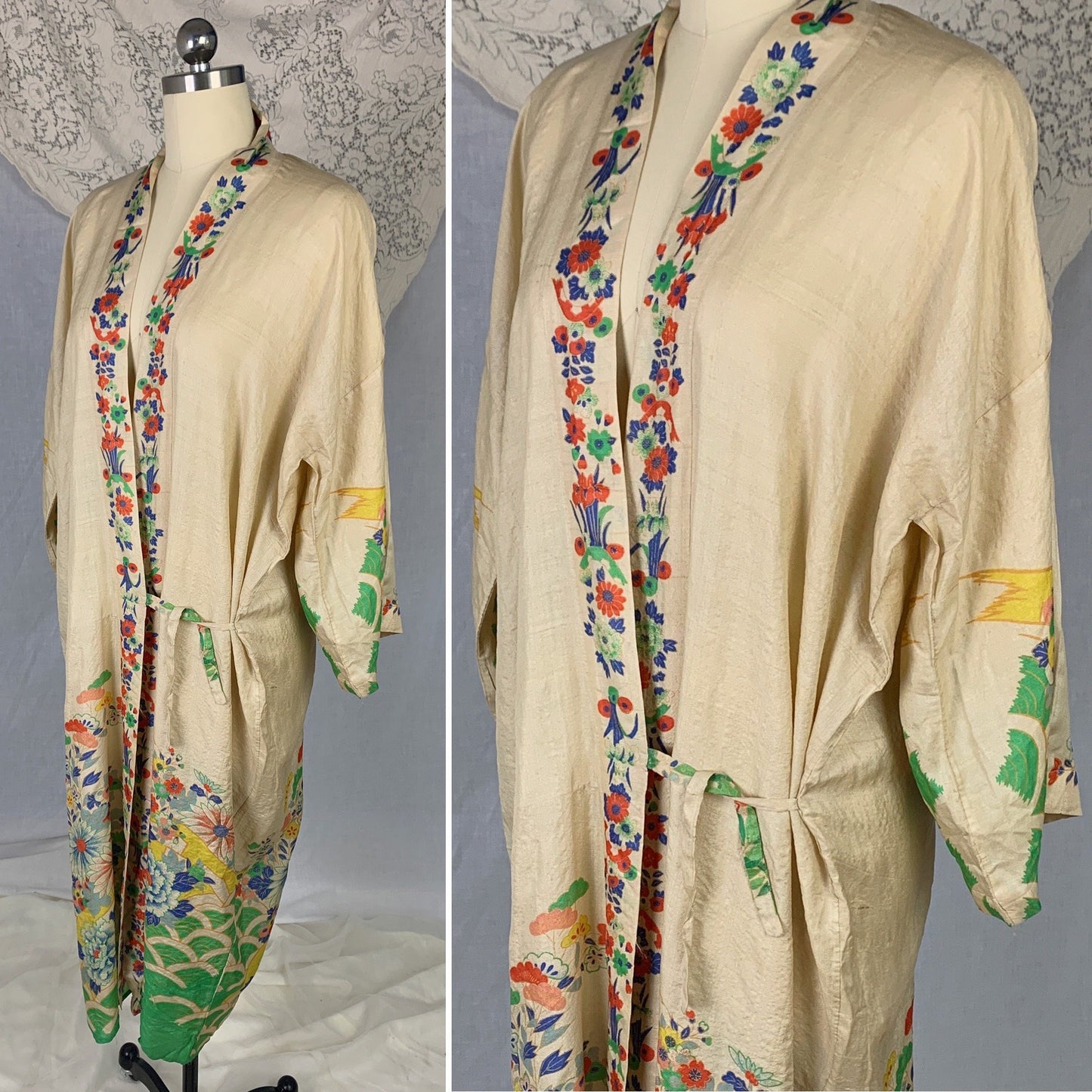 Antique 1920's Japanese Kimono Robe | Natural Pongee Raw Silk with Elaborate Floral Print | Size Free - Daggers & Dames