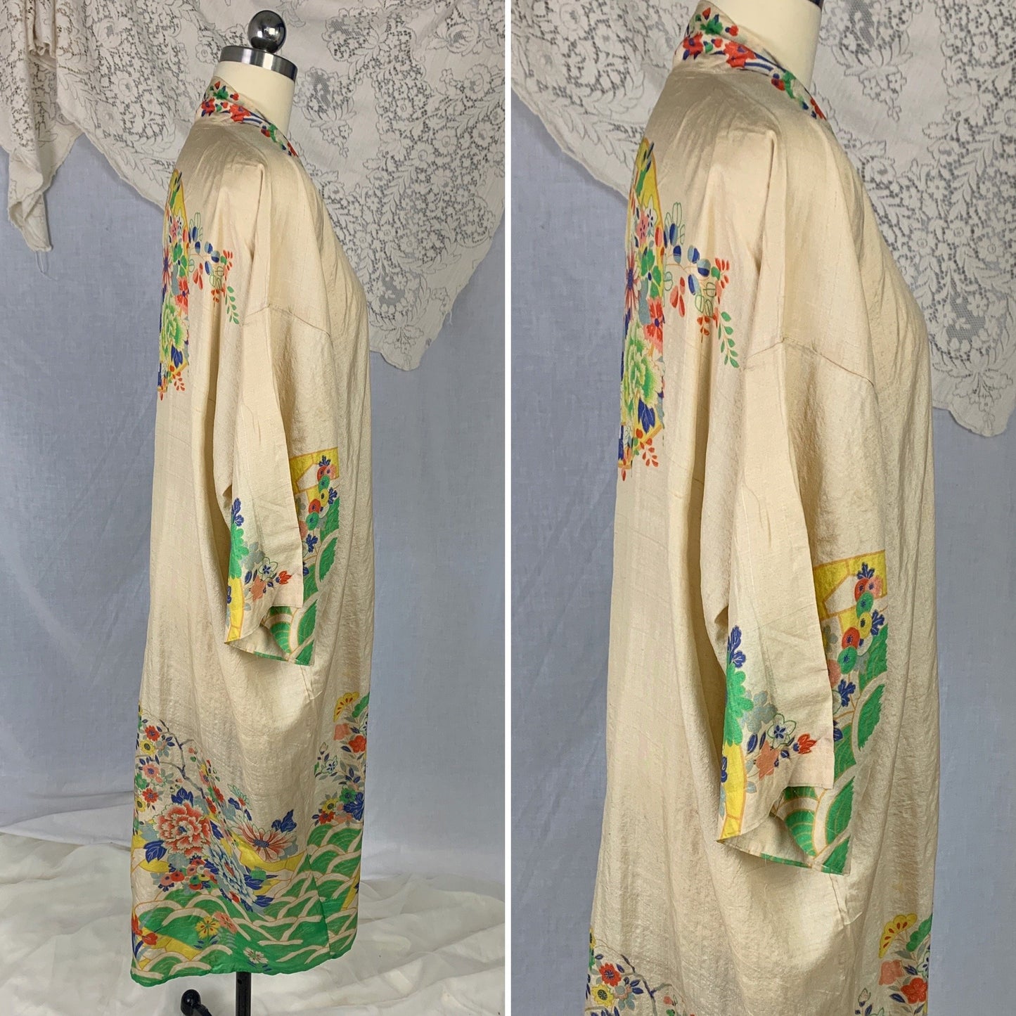 Antique 1920's Japanese Kimono Robe | Natural Pongee Raw Silk with Elaborate Floral Print | Size Free - Daggers & Dames
