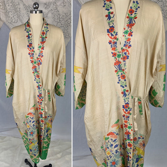 Antique 1920's Japanese Kimono Robe | Natural Pongee Raw Silk with Elaborate Floral Print | Size Free - Daggers & Dames