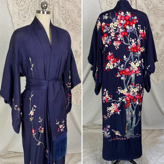 Antique 1920's Japanese Kimono Robe | Navy Blue Silk with Floral Cherry Blossom Hand Embroidery & Fringe Sash Tie | Size Free - Daggers & Dames
