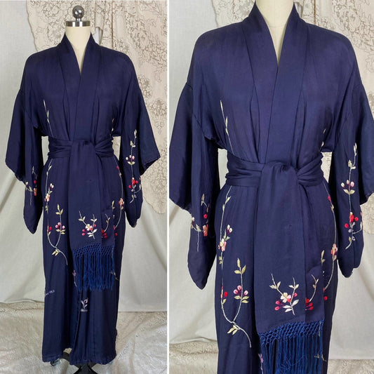 Antique 1920's Japanese Kimono Robe | Navy Blue Silk with Floral Cherry Blossom Hand Embroidery & Fringe Sash Tie | Size Free - Daggers & Dames