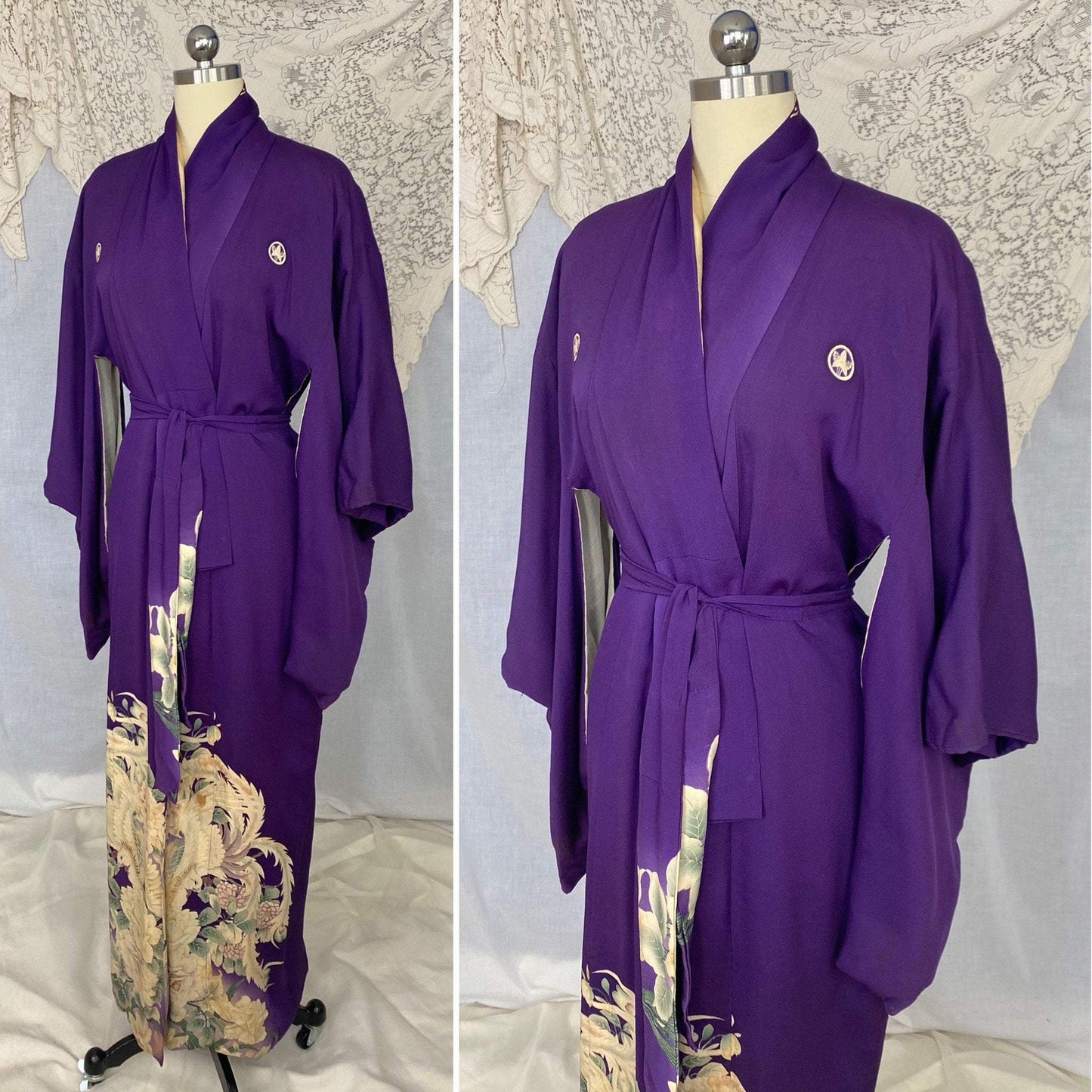 Antique 1920's Japanese Tomesode Kimono Robe | Royal Purple Silk with Hand Painted Floral Print & Rare Pekin Stitching | Hand Sewn Size Free - Daggers & Dames