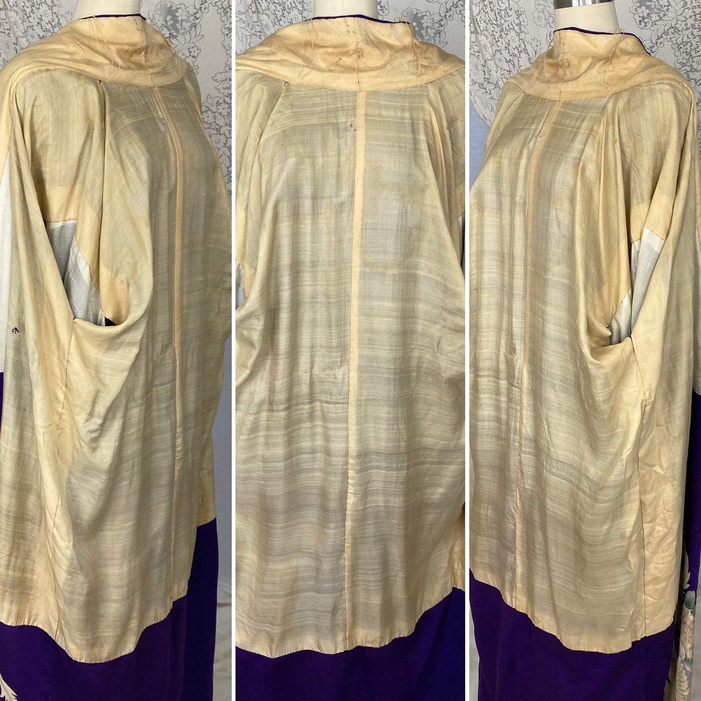Antique 1920's Japanese Tomesode Kimono Robe | Royal Purple Silk with Hand Painted Floral Print & Rare Pekin Stitching | Hand Sewn Size Free - Daggers & Dames