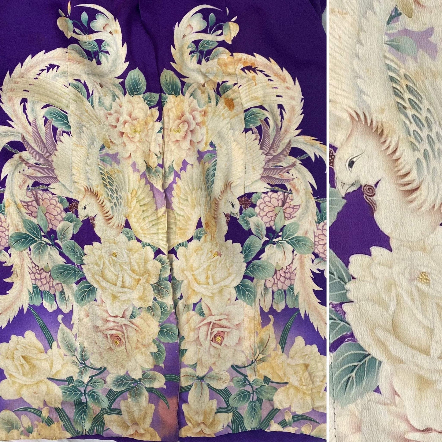 Antique 1920's Japanese Tomesode Kimono Robe | Royal Purple Silk with Hand Painted Floral Print & Rare Pekin Stitching | Hand Sewn Size Free - Daggers & Dames