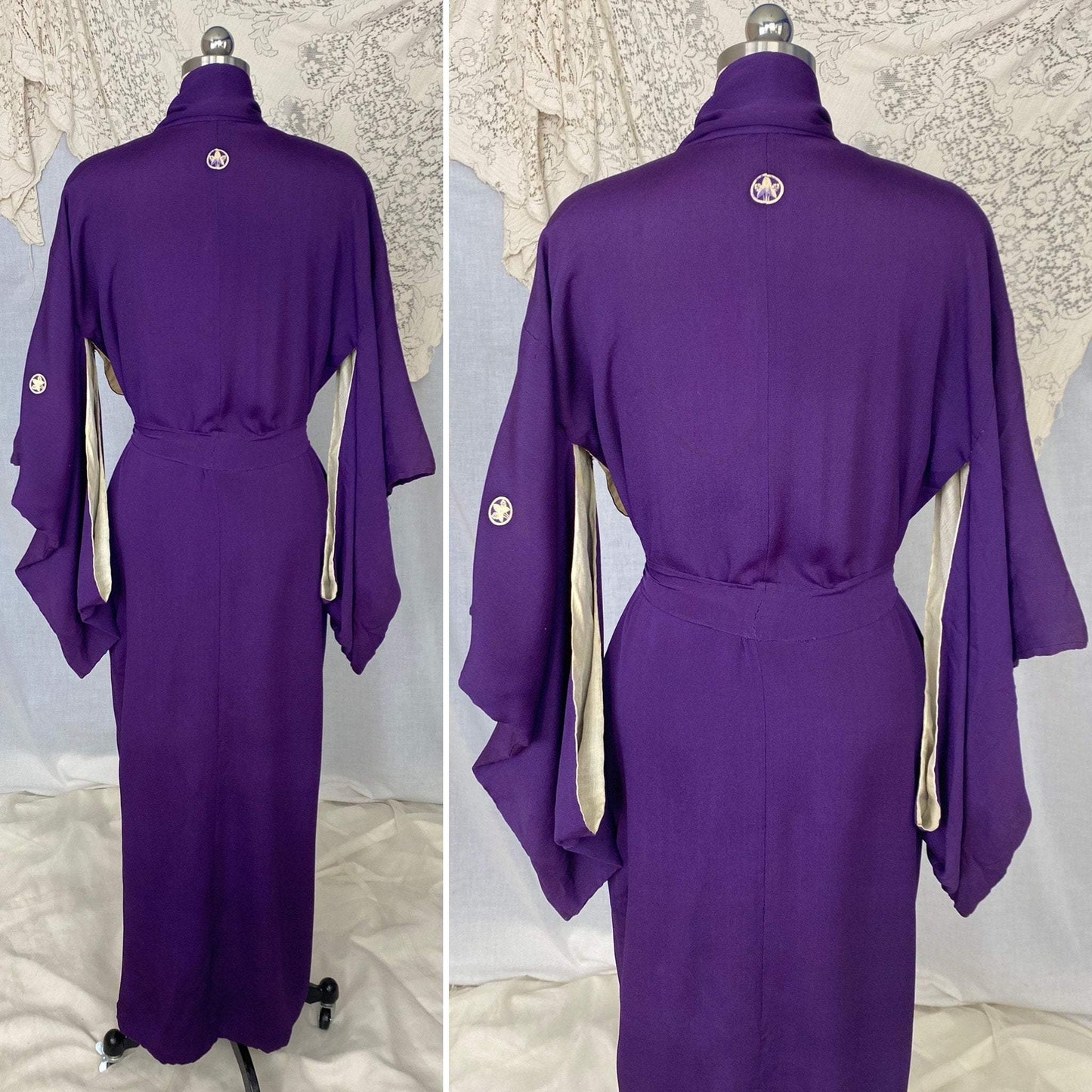 Antique 1920's Japanese Tomesode Kimono Robe | Royal Purple Silk with Hand Painted Floral Print & Rare Pekin Stitching | Hand Sewn Size Free - Daggers & Dames