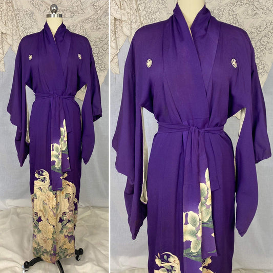 Antique 1920's Japanese Tomesode Kimono Robe | Royal Purple Silk with Hand Painted Floral Print & Rare Pekin Stitching | Hand Sewn Size Free - Daggers & Dames