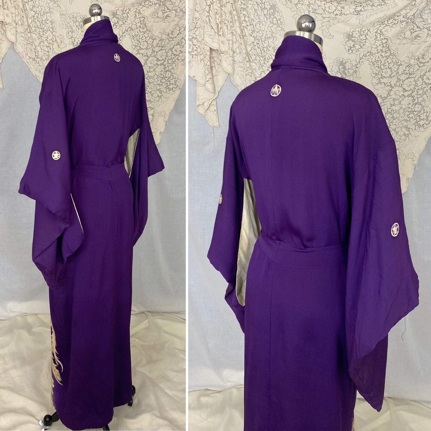 Antique 1920's Japanese Tomesode Kimono Robe | Royal Purple Silk with Hand Painted Floral Print & Rare Pekin Stitching | Hand Sewn Size Free - Daggers & Dames