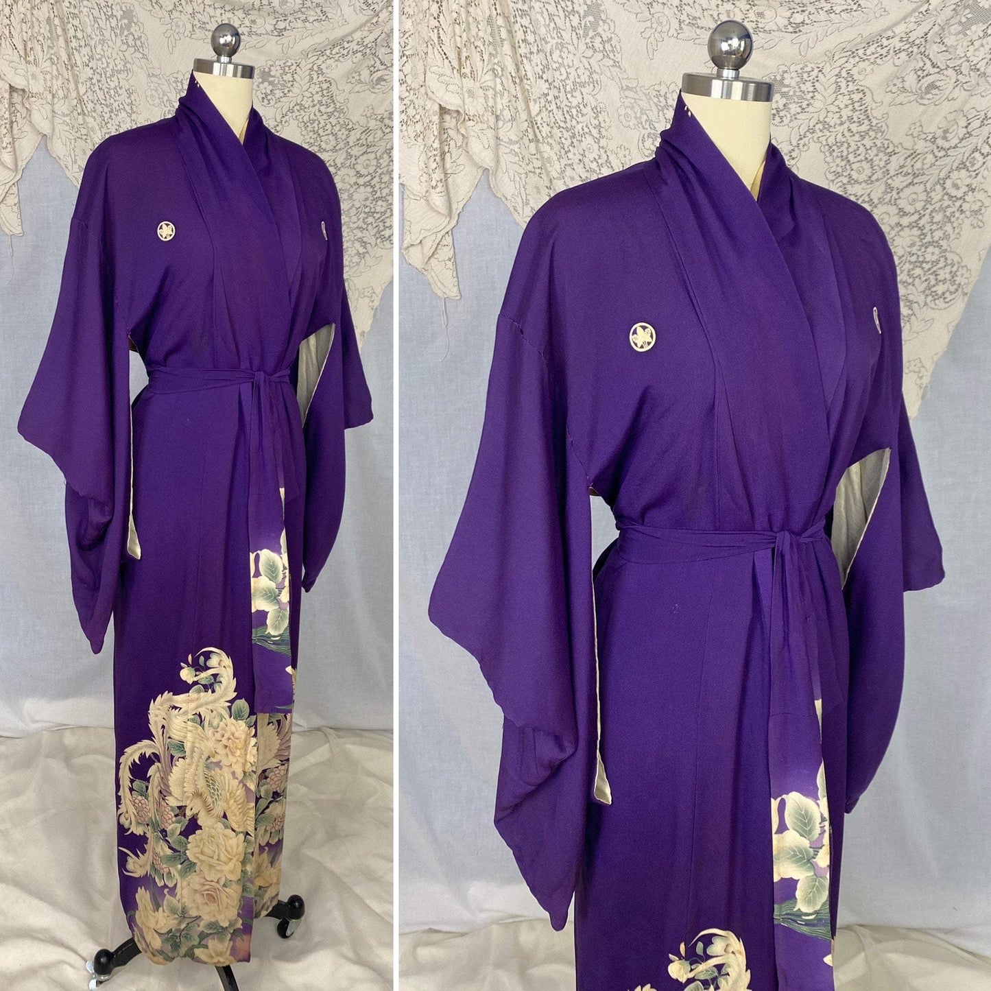 Antique 1920's Japanese Tomesode Kimono Robe | Royal Purple Silk with Hand Painted Floral Print & Rare Pekin Stitching | Hand Sewn Size Free - Daggers & Dames