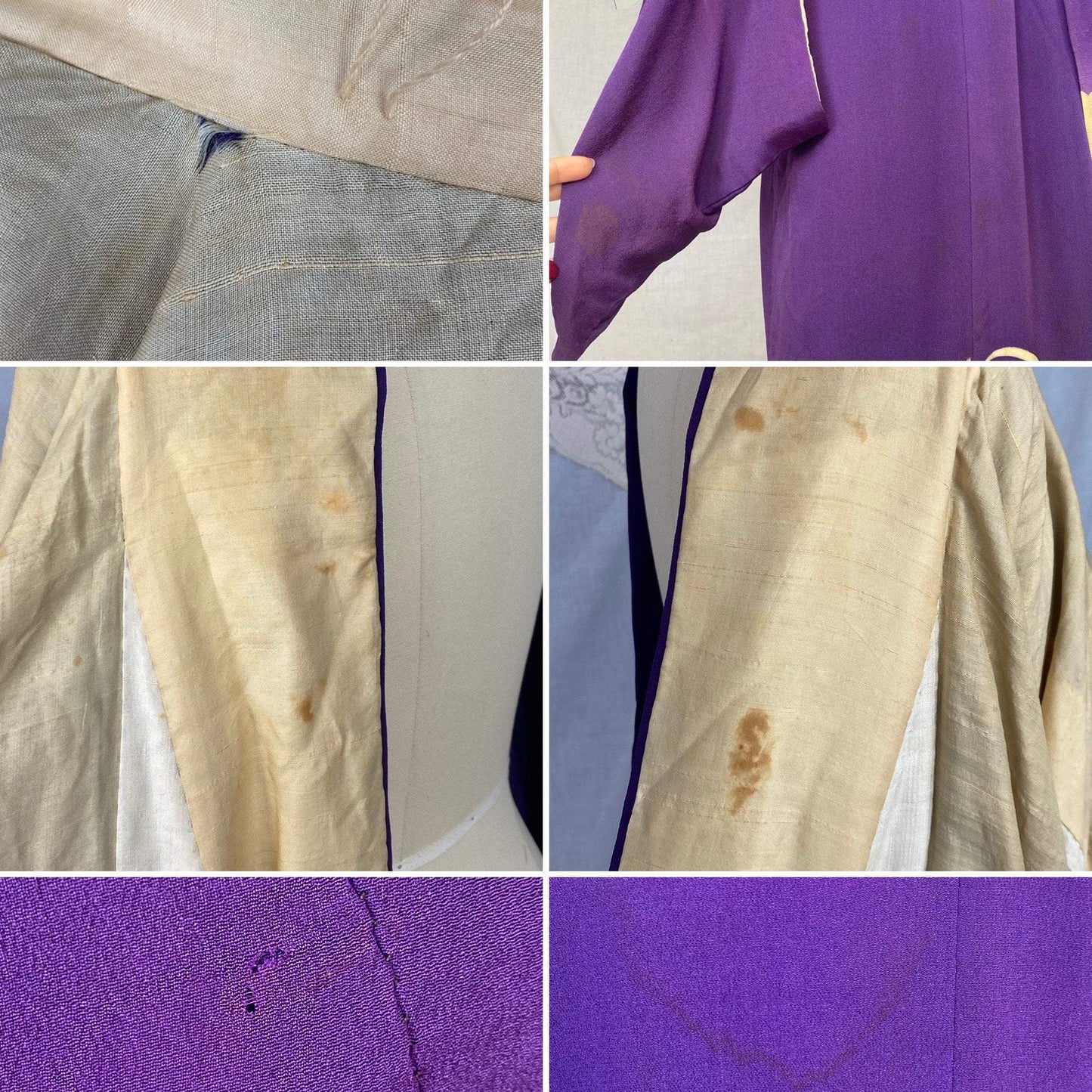 Antique 1920's Japanese Tomesode Kimono Robe | Royal Purple Silk with Hand Painted Floral Print & Rare Pekin Stitching | Hand Sewn Size Free - Daggers & Dames