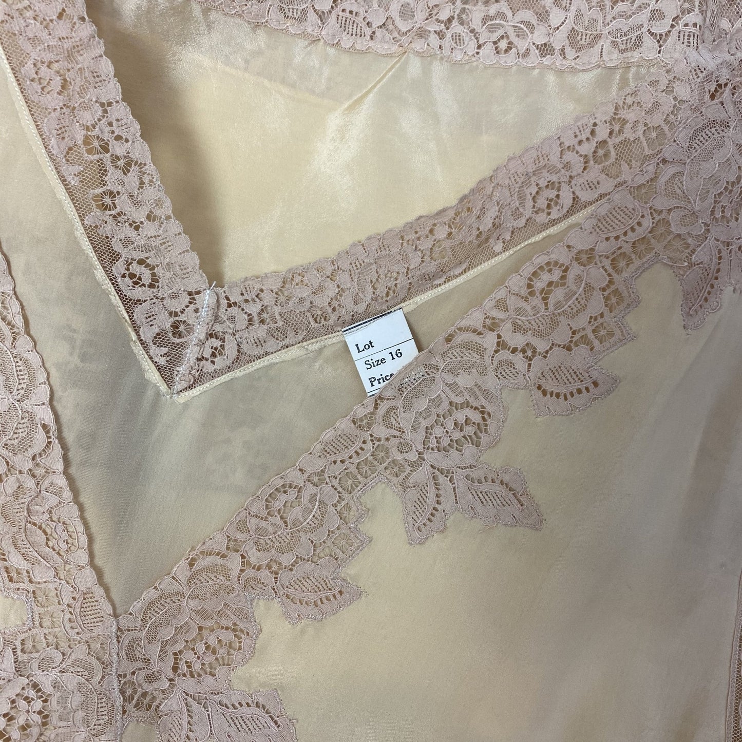 Antique 1920's Nightgown | Champagne Silk with Mocha Floral Lace & Waist Sash Tie | Size S, M, LG, XL | New Old Stock - Daggers & Dames