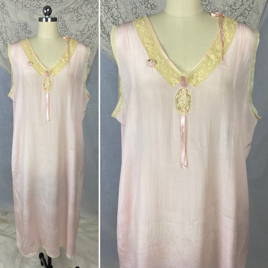 Antique 1920's Nightgown | Sheer Ballet Pink Silk with Ivory Tambour Lace | Size Free, XL | Never Worn - Daggers & Dames