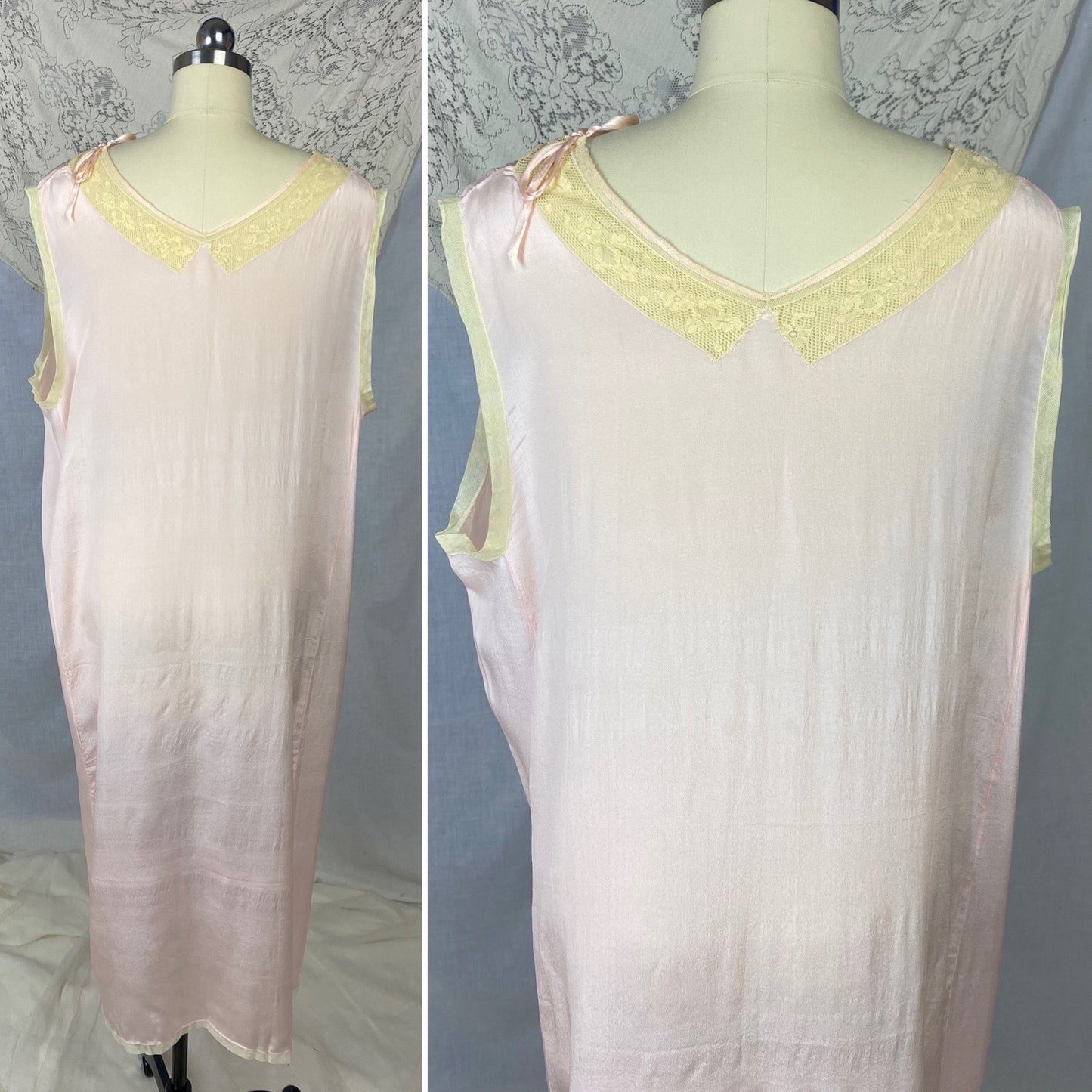 Antique 1920's Nightgown | Sheer Ballet Pink Silk with Ivory Tambour Lace | Size Free, XL | Never Worn - Daggers & Dames