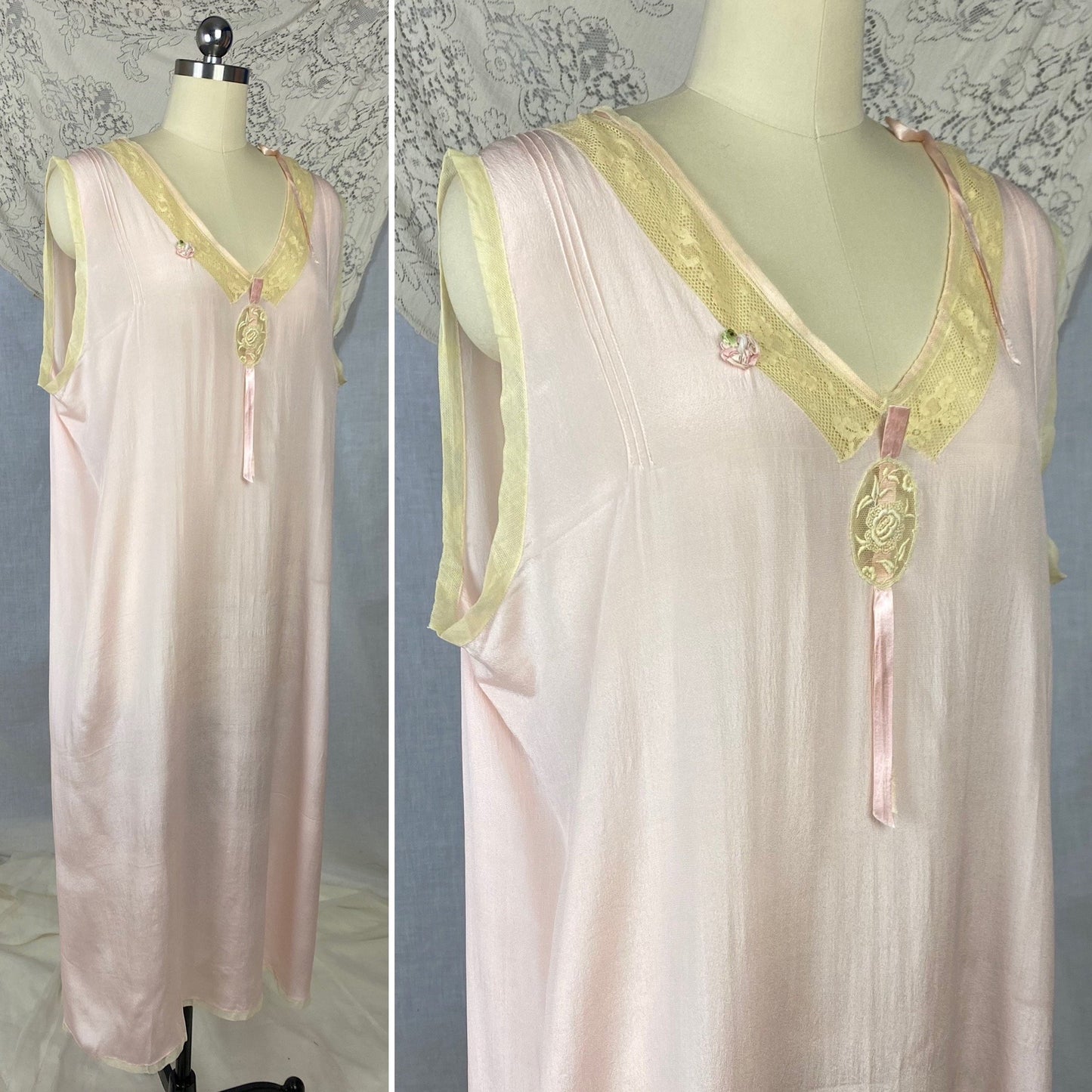 Antique 1920's Nightgown | Sheer Ballet Pink Silk with Ivory Tambour Lace | Size Free, XL | Never Worn - Daggers & Dames