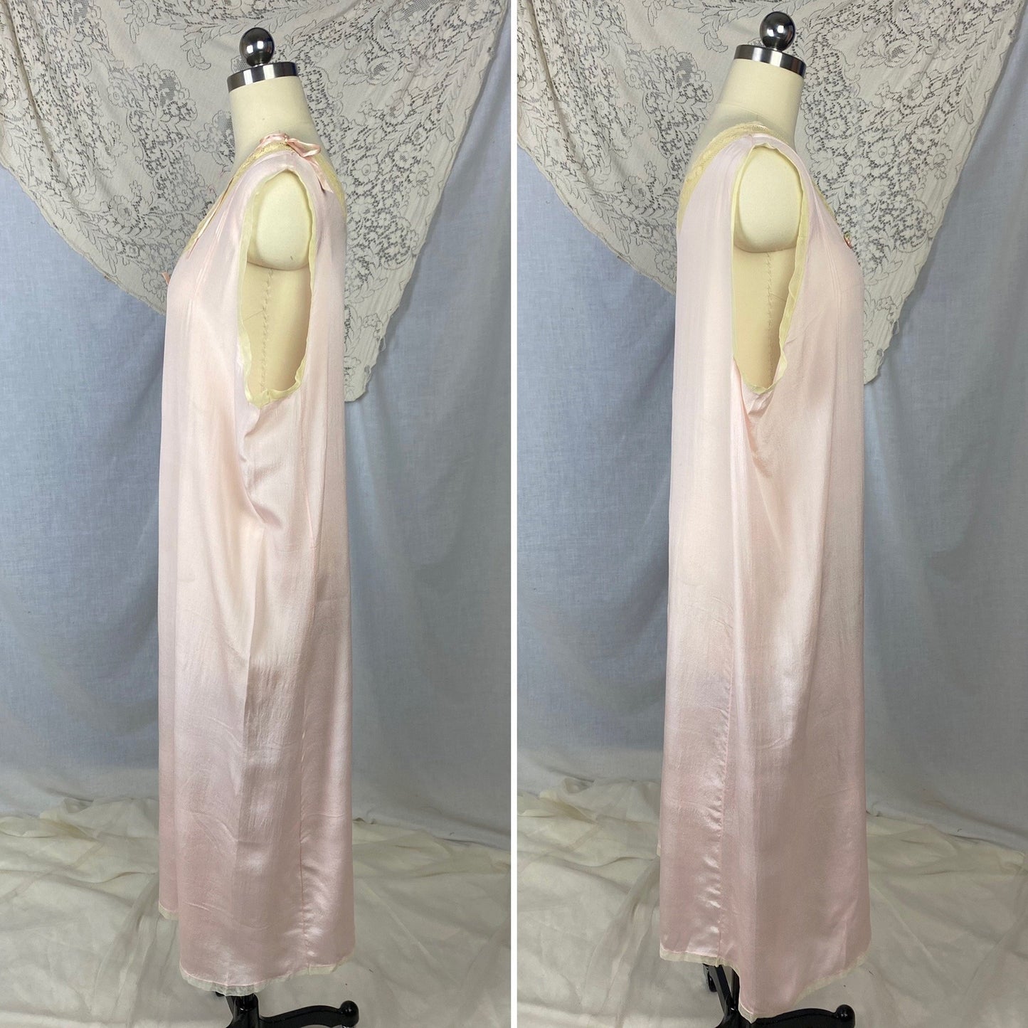 Antique 1920's Nightgown | Sheer Ballet Pink Silk with Ivory Tambour Lace | Size Free, XL | Never Worn - Daggers & Dames