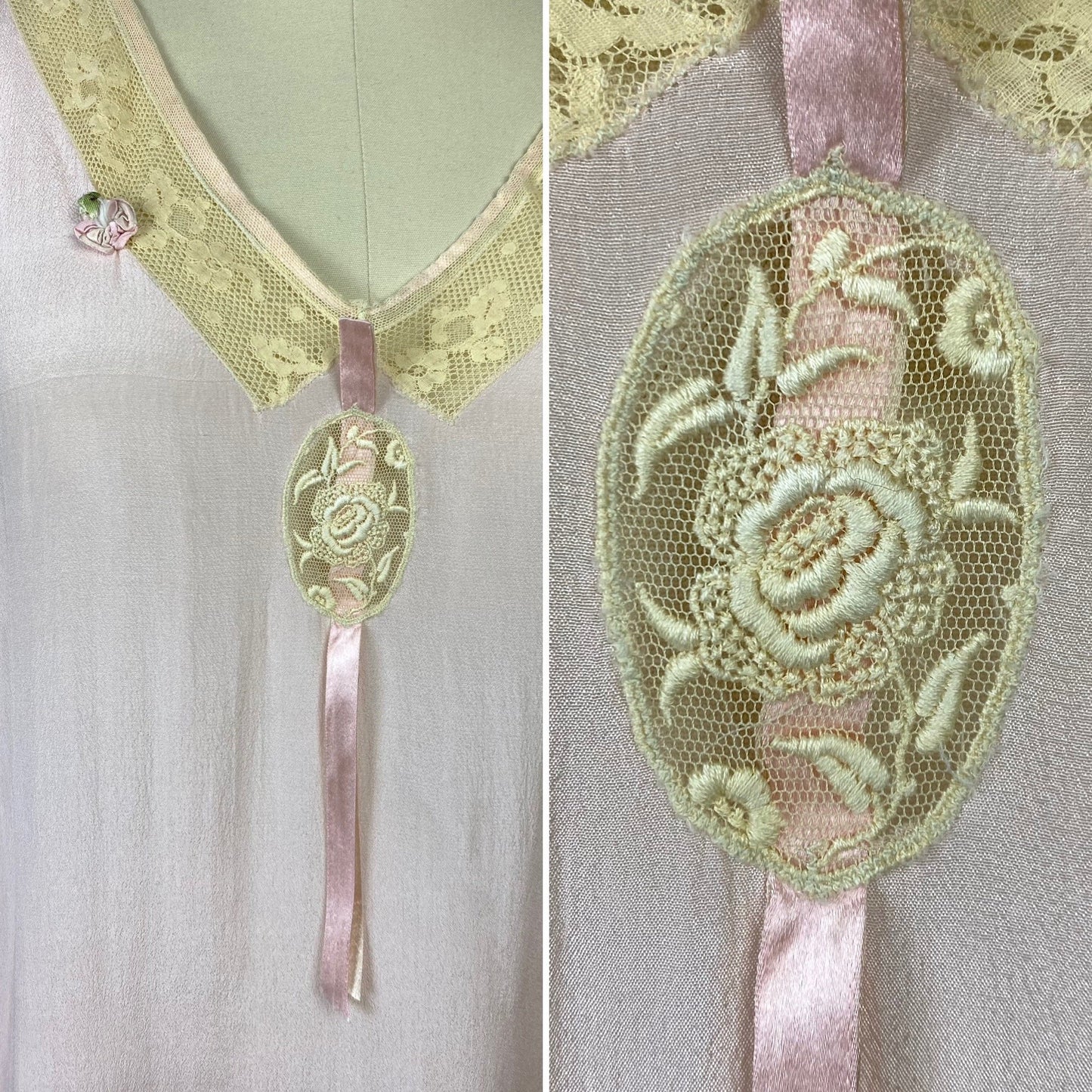 Antique 1920's Nightgown | Sheer Ballet Pink Silk with Ivory Tambour Lace | Size Free, XL | Never Worn - Daggers & Dames