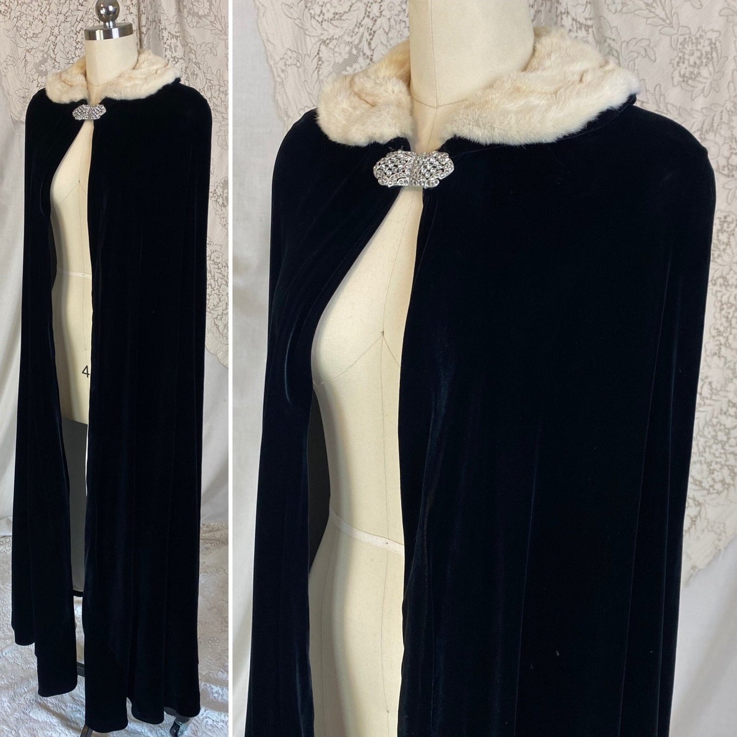 Antique 1920's Opera Cape | Black Silk Velvet with Mink Collar & Rhinestone Clasp | Size XS, S, M - Daggers & Dames