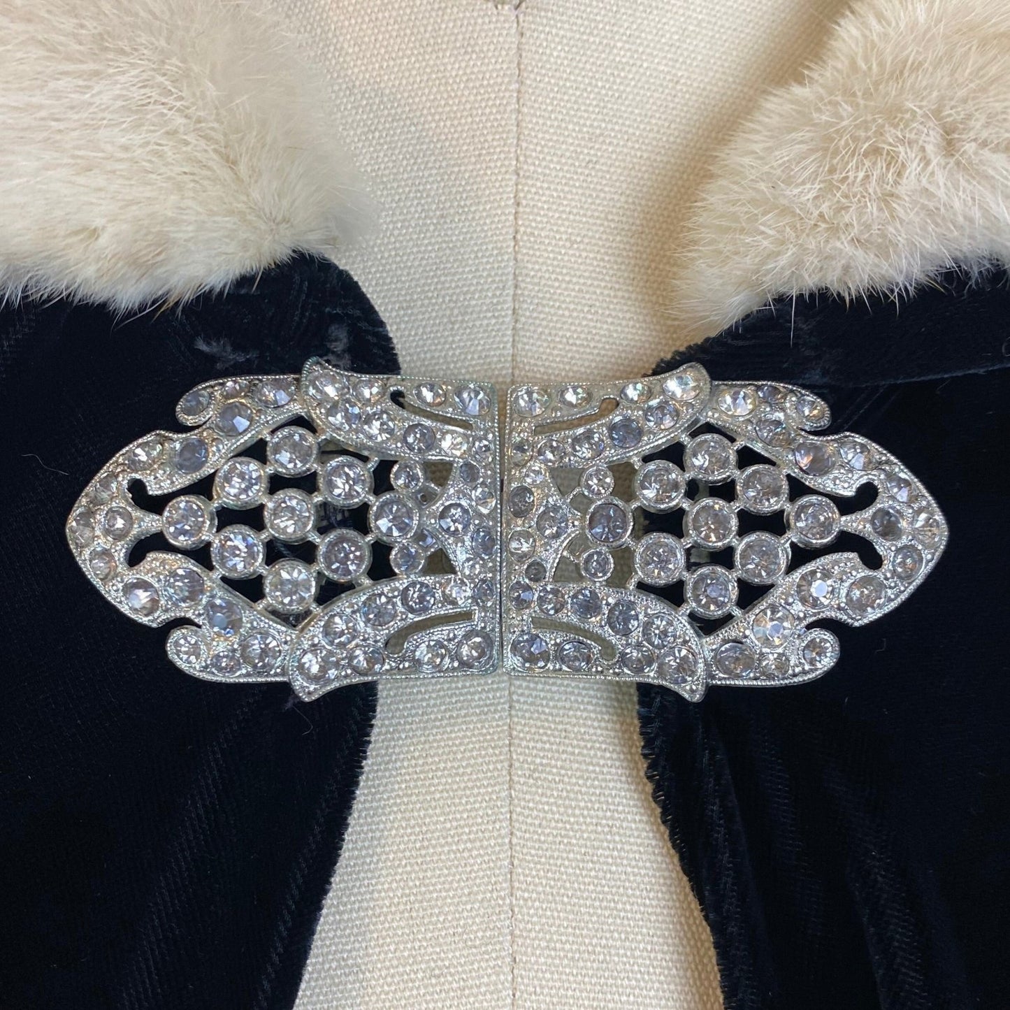 Antique 1920's Opera Cape | Black Silk Velvet with Mink Collar & Rhinestone Clasp | Size XS, S, M - Daggers & Dames