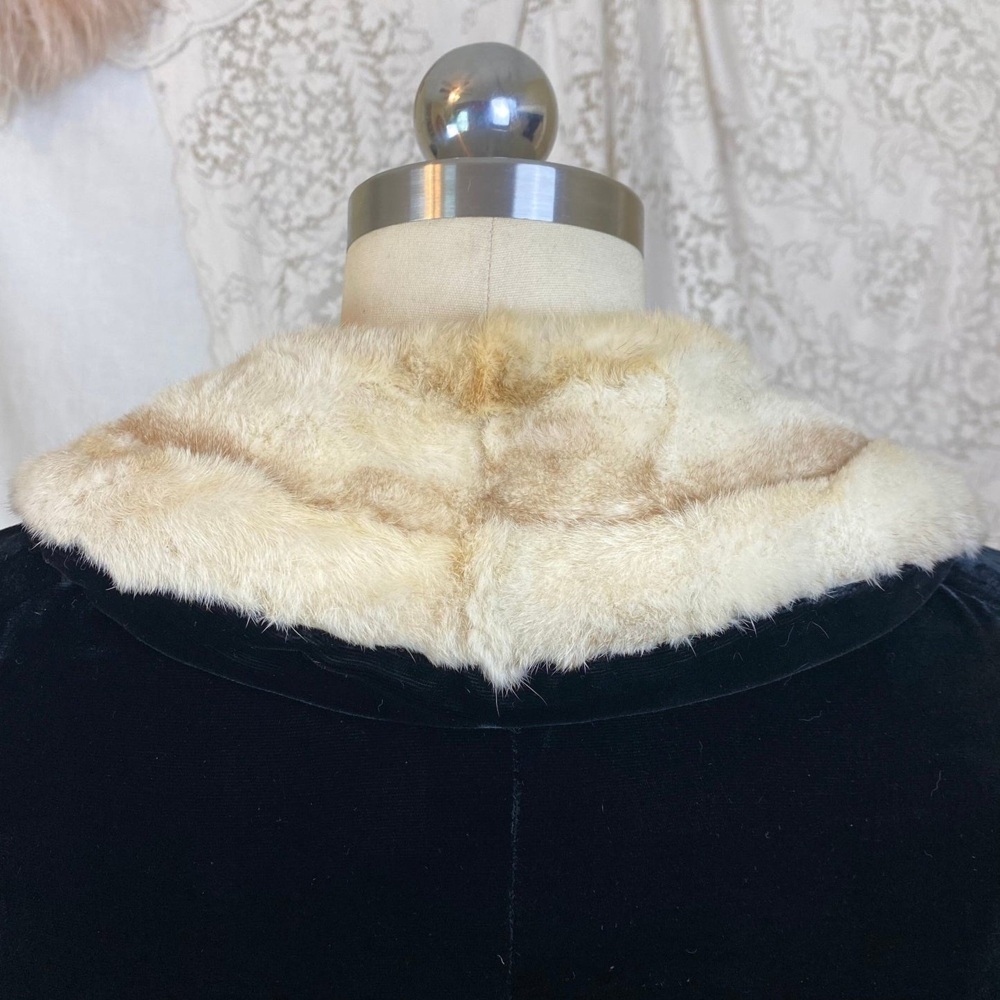 Antique 1920's Opera Cape | Black Silk Velvet with Mink Collar & Rhinestone Clasp | Size XS, S, M - Daggers & Dames