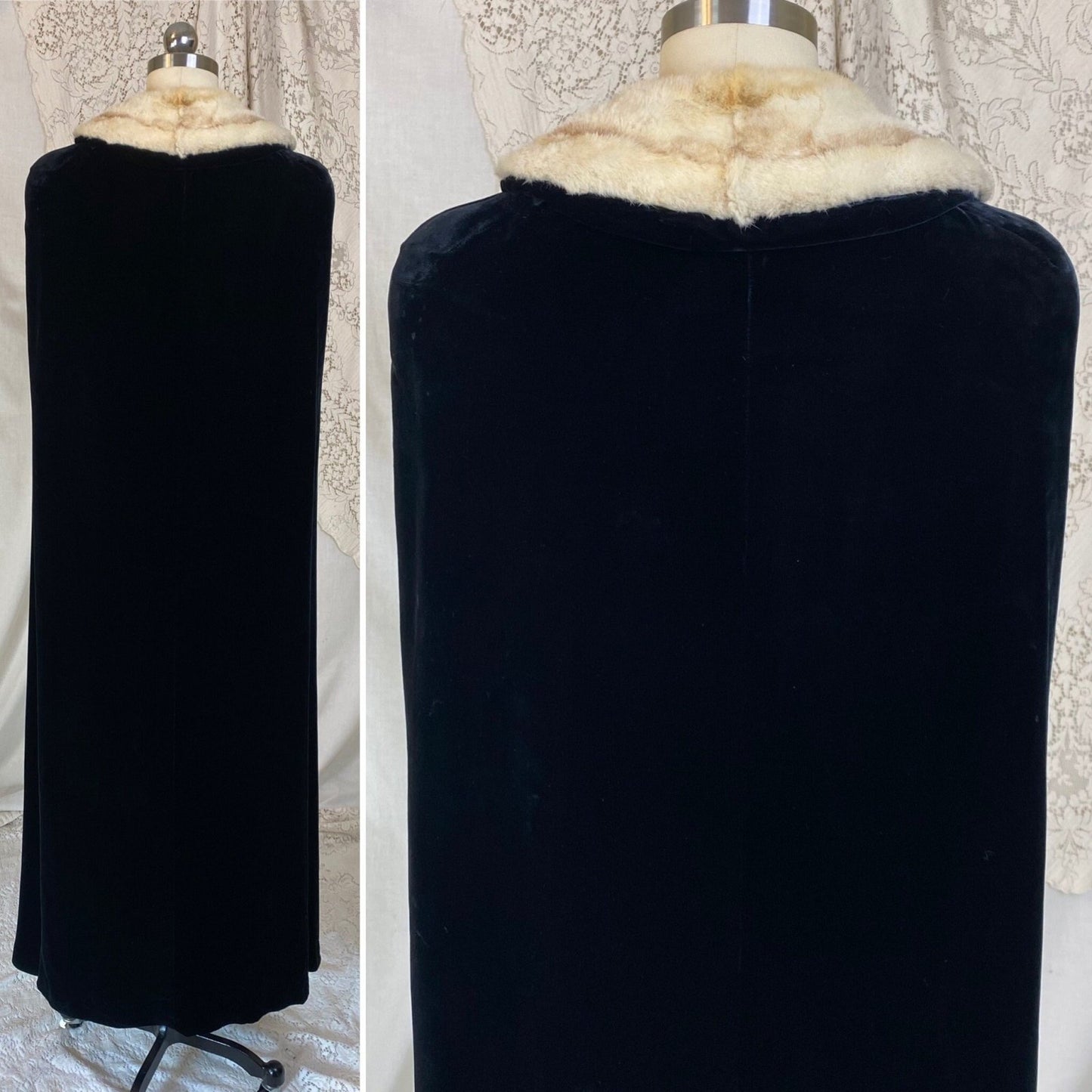 Antique 1920's Opera Cape | Black Silk Velvet with Mink Collar & Rhinestone Clasp | Size XS, S, M - Daggers & Dames