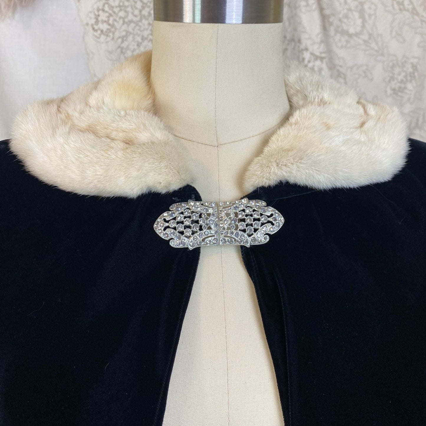 Antique 1920's Opera Cape | Black Silk Velvet with Mink Collar & Rhinestone Clasp | Size XS, S, M - Daggers & Dames