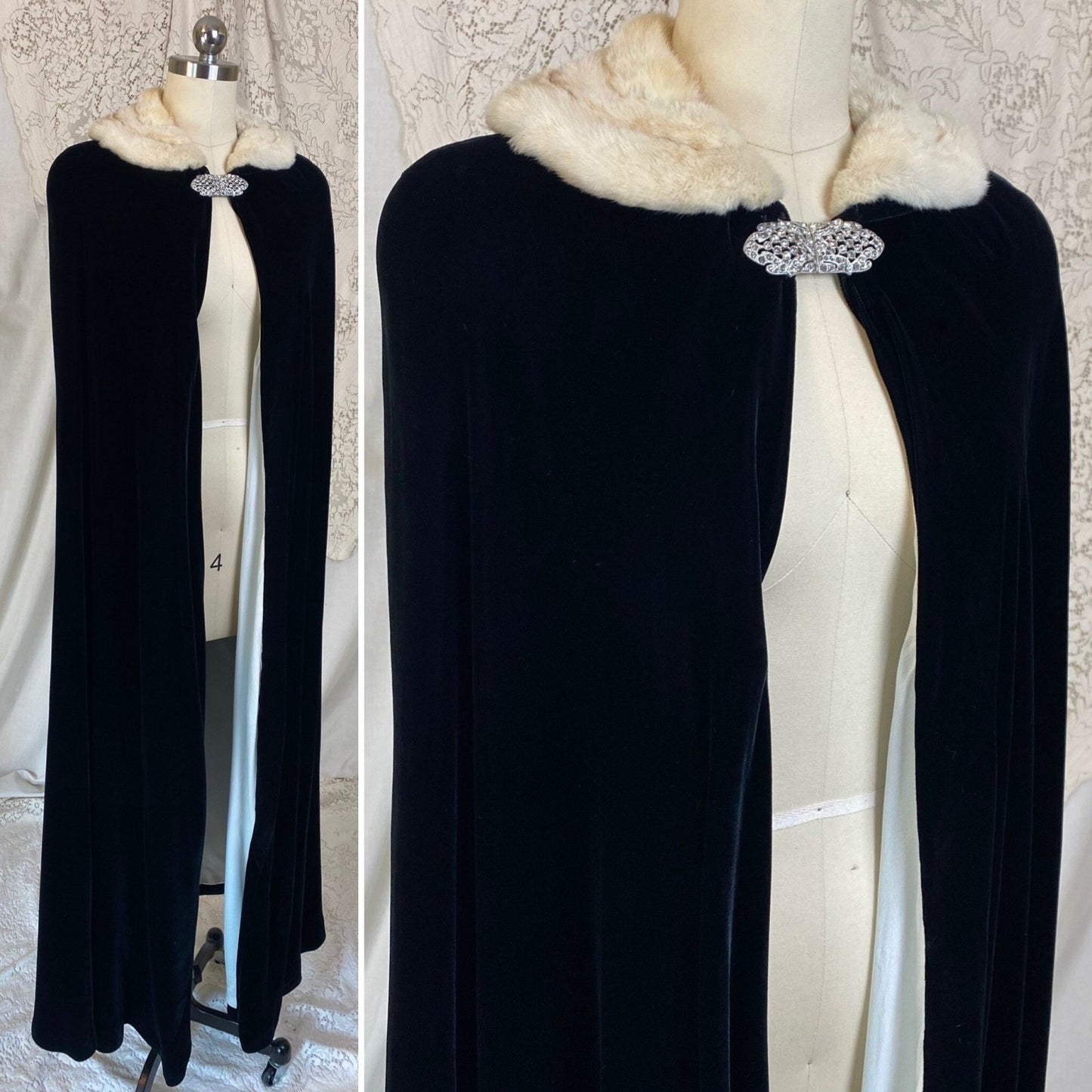 Antique 1920's Opera Cape | Black Silk Velvet with Mink Collar & Rhinestone Clasp | Size XS, S, M - Daggers & Dames