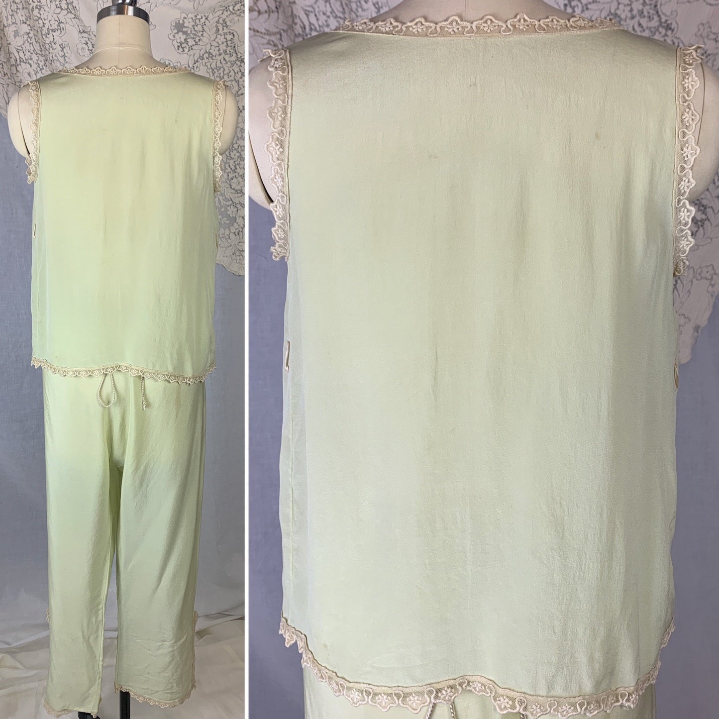 Antique 1920's Pajama Set | Pistachio Green Silk with Ivory Tambour Lace Embroidery & Silk Rosettes | Size XS, S - Daggers & Dames