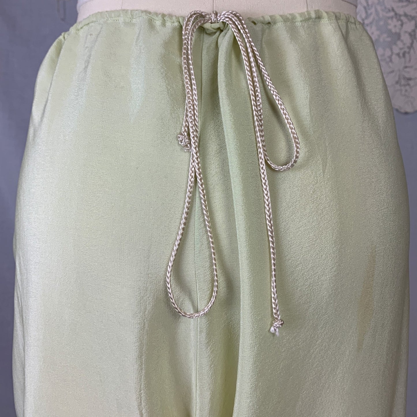 Antique 1920's Pajama Set | Pistachio Green Silk with Ivory Tambour Lace Embroidery & Silk Rosettes | Size XS, S - Daggers & Dames
