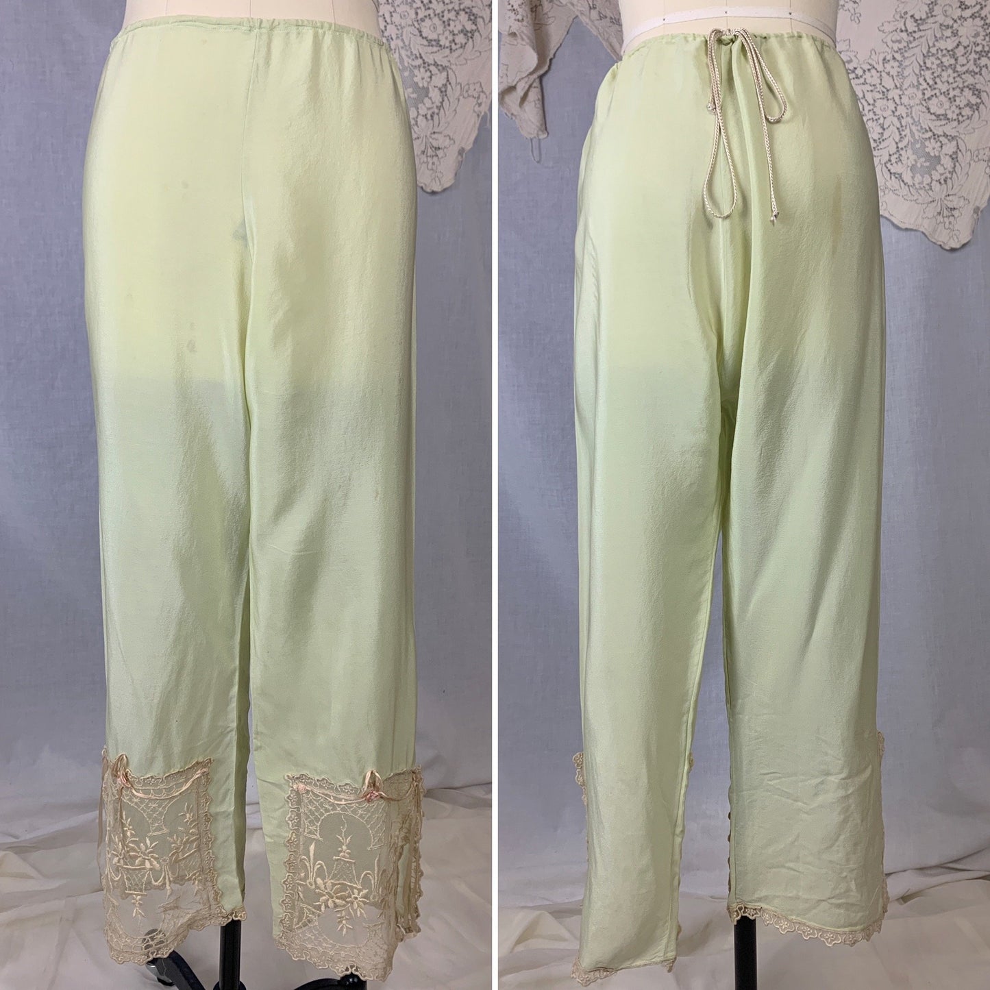 Antique 1920's Pajama Set | Pistachio Green Silk with Ivory Tambour Lace Embroidery & Silk Rosettes | Size XS, S - Daggers & Dames