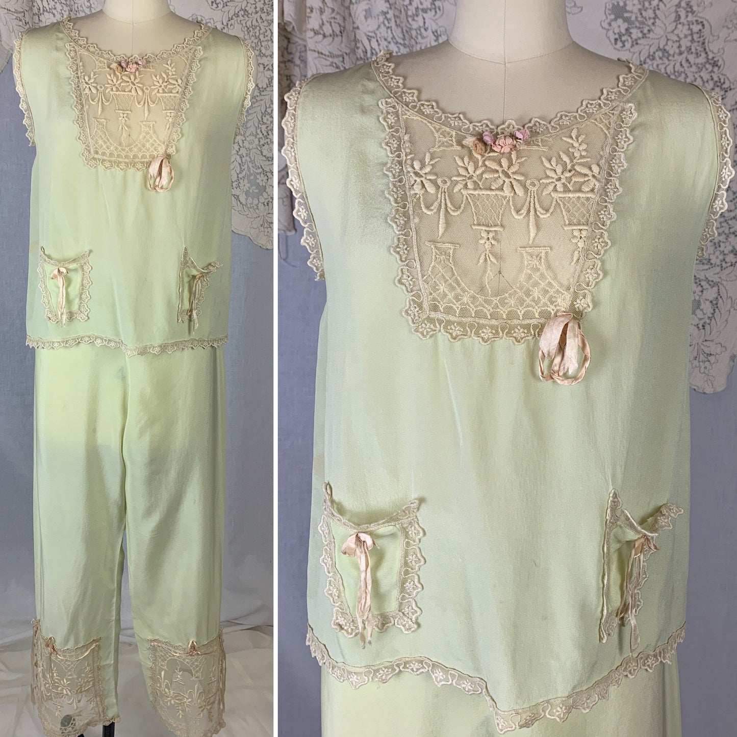Antique 1920's Pajama Set | Pistachio Green Silk with Ivory Tambour Lace Embroidery & Silk Rosettes | Size XS, S - Daggers & Dames