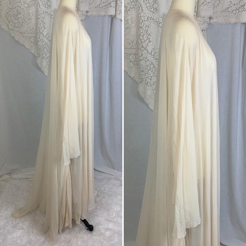 Antique 1920's Peignoir Robe | Size XS, SM | Sheer Ivory Silk Georgette with Angel Sleeves & Long Train Hem - Daggers & Dames