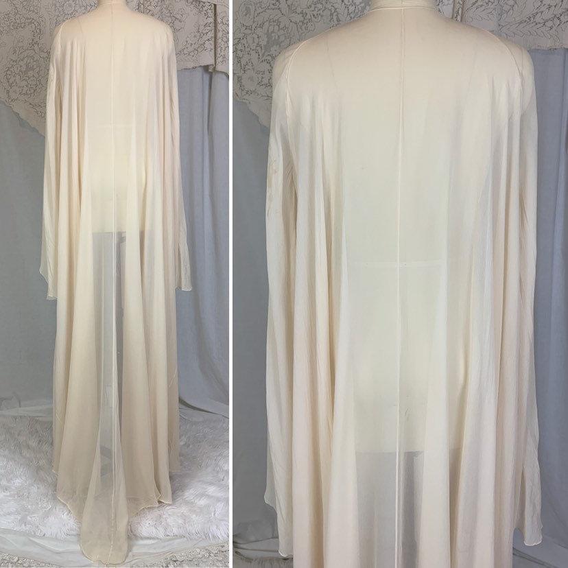 Antique 1920's Peignoir Robe | Size XS, SM | Sheer Ivory Silk Georgette with Angel Sleeves & Long Train Hem - Daggers & Dames