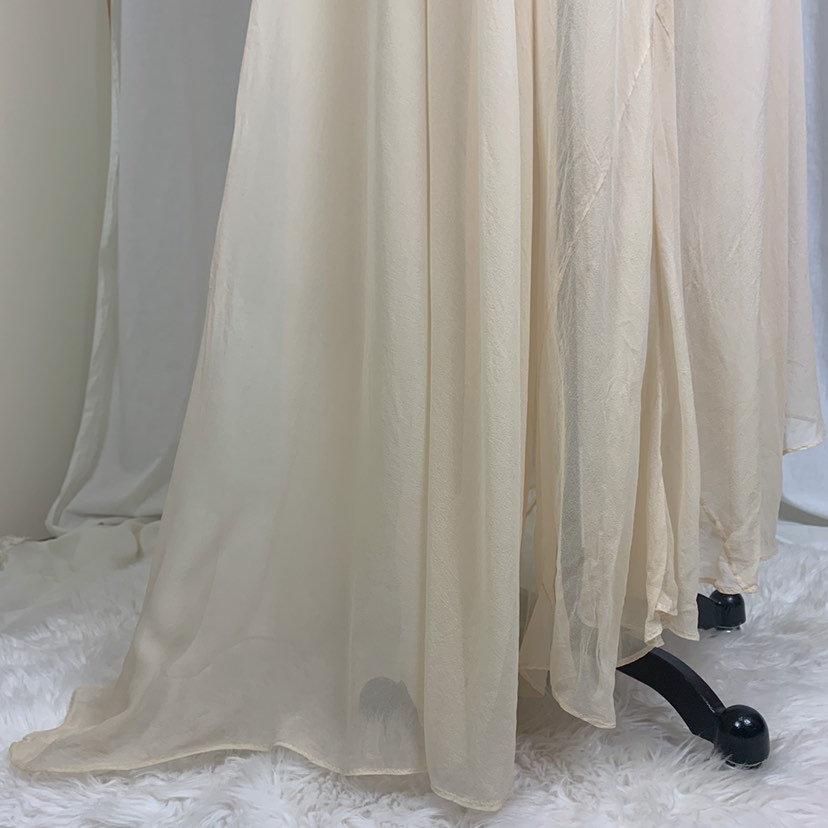 Antique 1920's Peignoir Robe | Size XS, SM | Sheer Ivory Silk Georgette with Angel Sleeves & Long Train Hem - Daggers & Dames