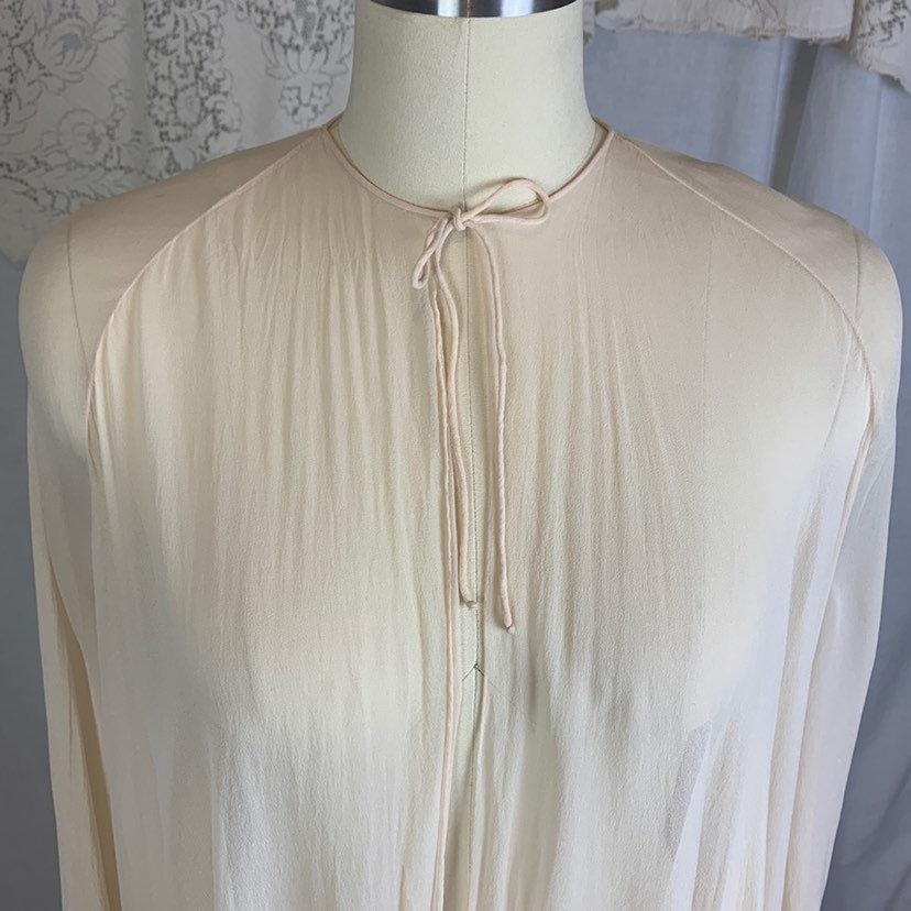 Antique 1920's Peignoir Robe | Size XS, SM | Sheer Ivory Silk Georgette with Angel Sleeves & Long Train Hem - Daggers & Dames