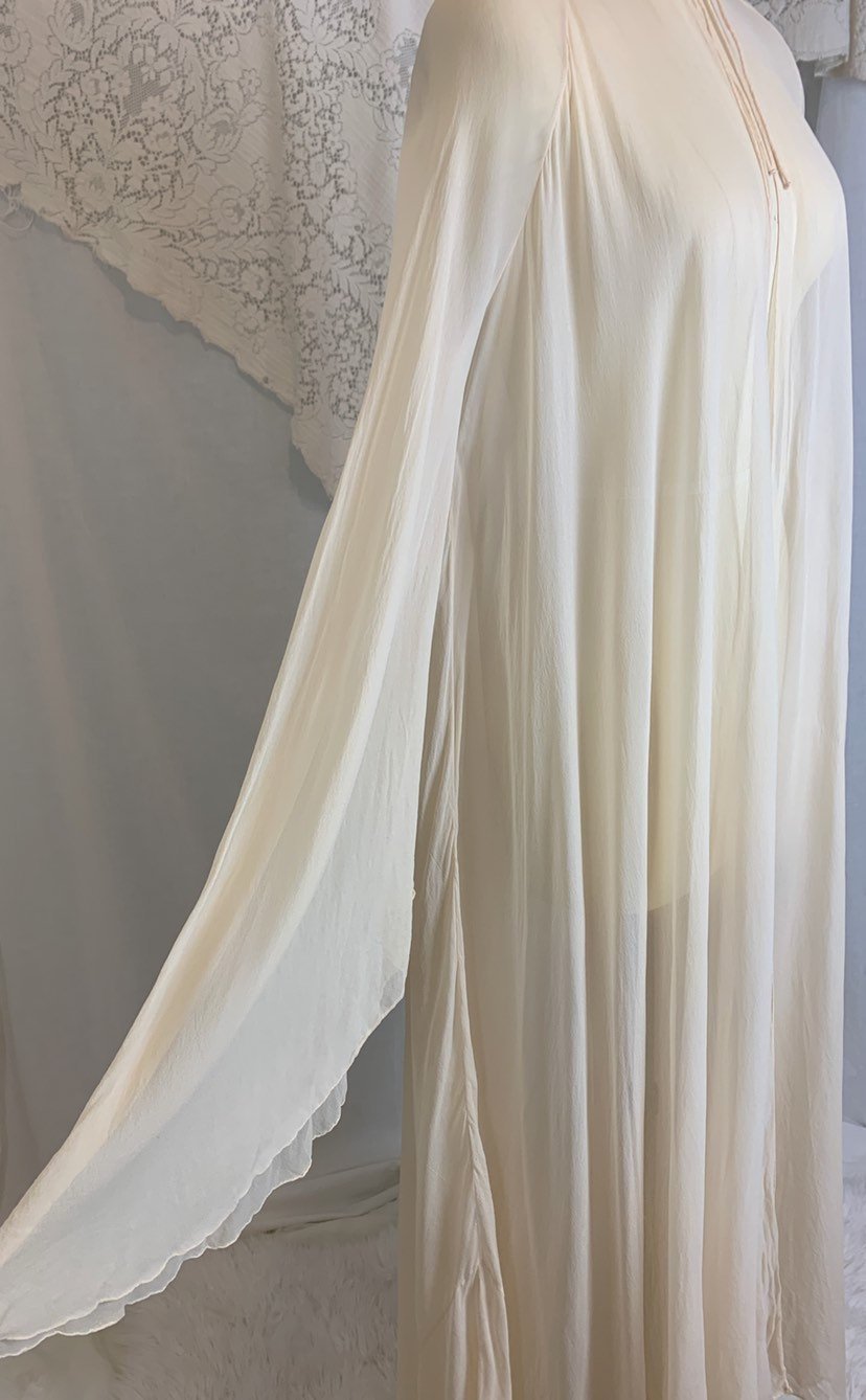 Antique 1920's Peignoir Robe | Size XS, SM | Sheer Ivory Silk Georgette with Angel Sleeves & Long Train Hem - Daggers & Dames