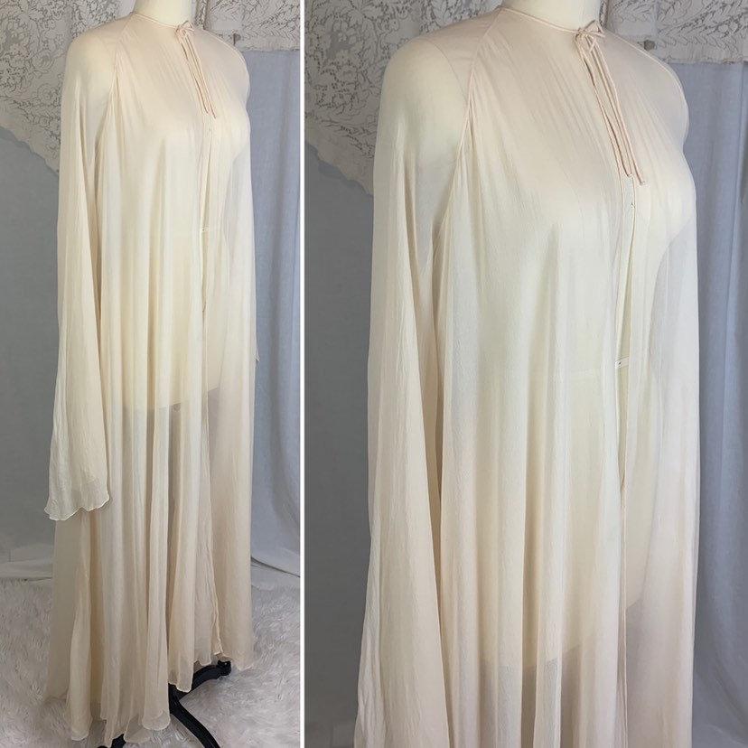 Antique 1920's Peignoir Robe | Size XS, SM | Sheer Ivory Silk Georgette with Angel Sleeves & Long Train Hem - Daggers & Dames